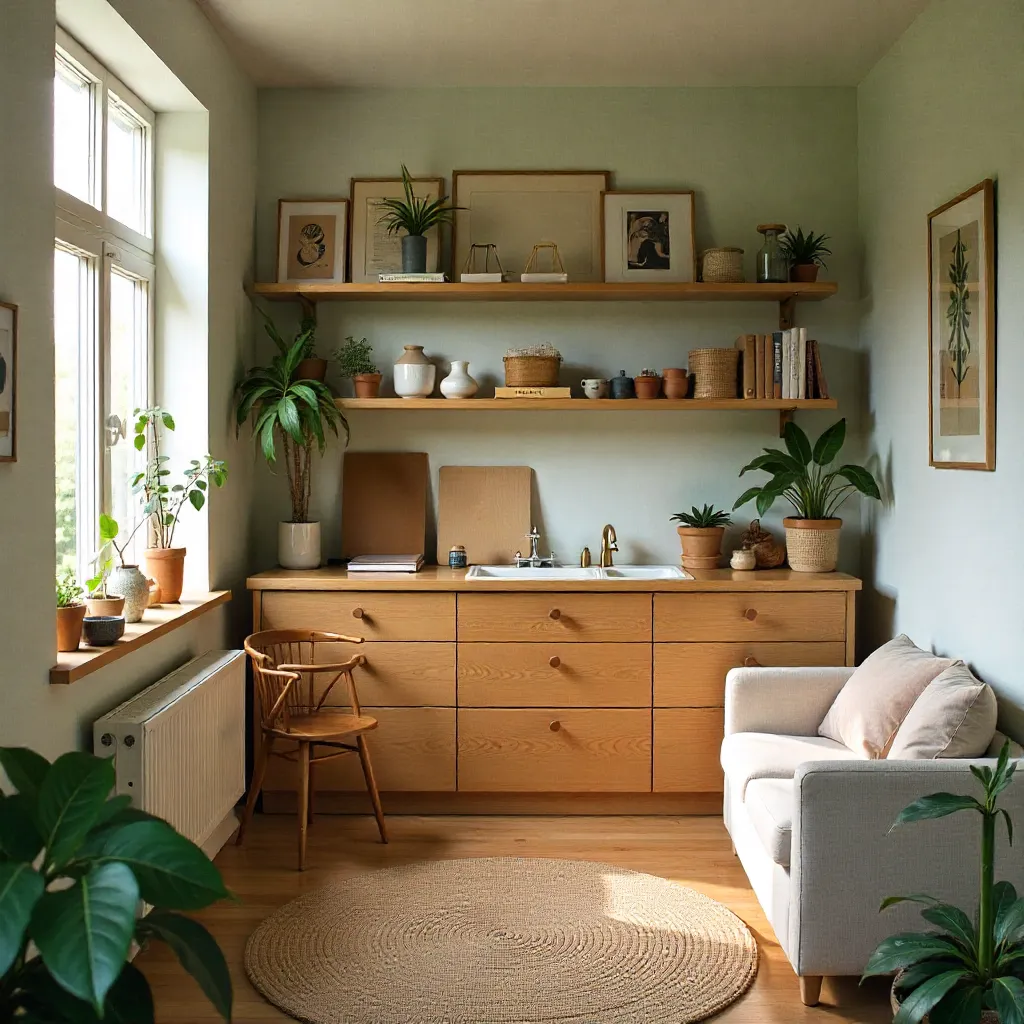 Scandinavian-style living room with natural storage solutions